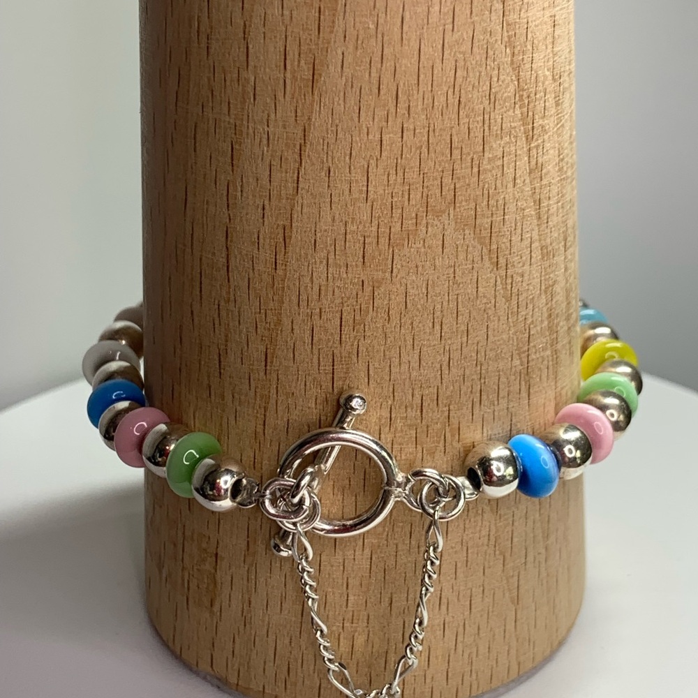 Silpada Rare HTF Sterling Silver Pastel Beaded Toggle Bracelet w/Safety Chain
